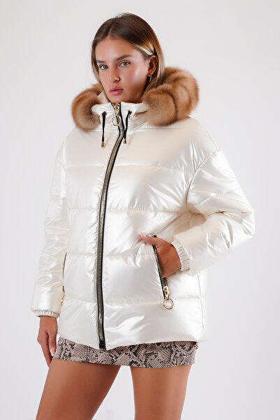 Leather Club Beyaz Glam Kürk Aksesuarlı Puffer Mont