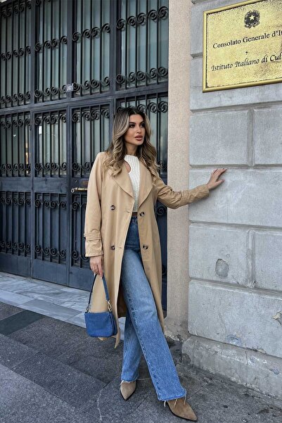 TANISA Sora Önü Düğmeli Kruvaze Yaka Trenckot TNS-4391