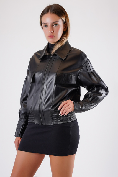 Leather Club Siyah Oversize Hakiki Deri Bomber Ceket