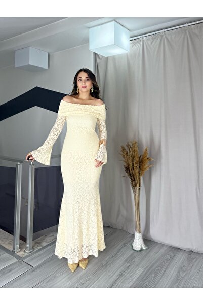 Starmount Butik Krem Uzun Kol Maksi Boy Dantel Motifli Kadın Elbise