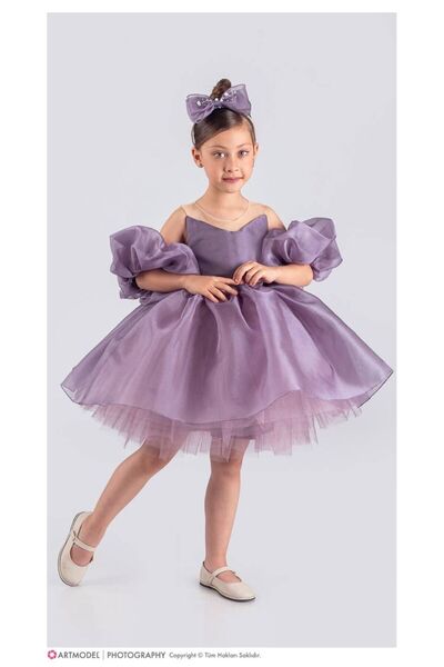 KOKOŞ BEBEK Kol Detaylı Kız Çocuk Abiye Elbise ve Taç - 6/10 Yaş - 31536