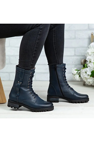 Piello Ghete îmblănite damă, din piele naturală, cu șiret, Bleumarin