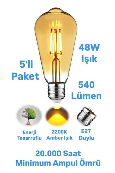 repplam 5 Adet 6W Amber Rustik Ampul ST64 Flaman Ampul 540 Lümen Edison Ampul