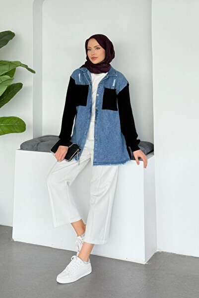 Şulemoda Giyim سترة فرانجا كيب تريكو من الدنيم باللون الأسود