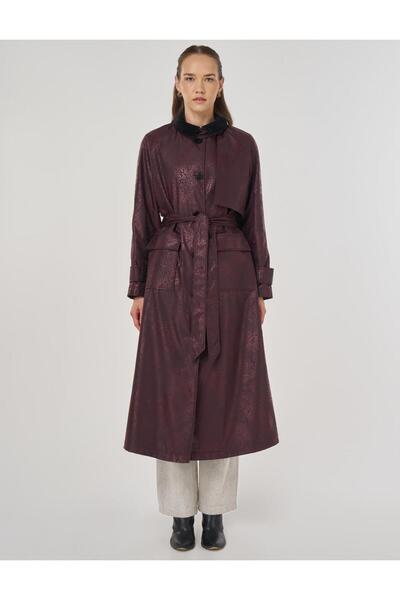 Kayra Kadife Yakalı Uzun Trençkot Koyu Bordo
