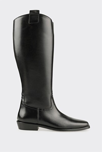 Elle Shoes Siyah Deri Kadın Düz Çizme