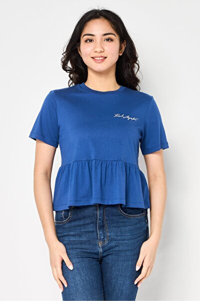 Karl Lagerfeld Women Crew Neck Short Sleeve Embroidered Logo Top, Blue