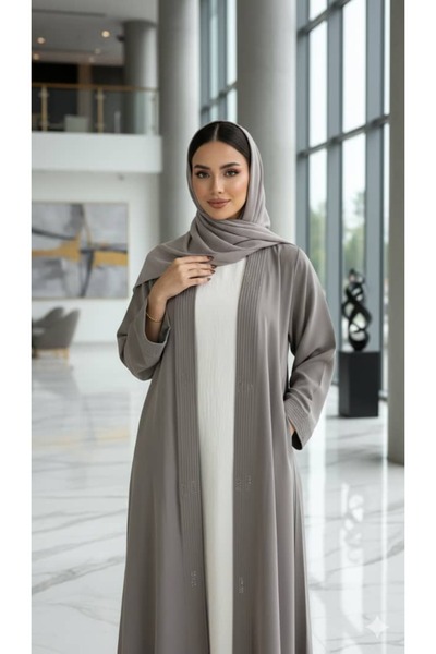 REİNA Beige Korean crepe cloche abaya with an open cut and light embroidery on the sleeves
