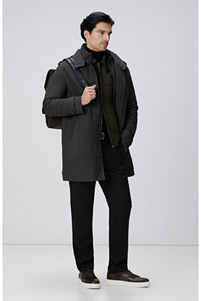 Network Kahverengi Yakası Kürklü Deri Kaban