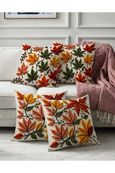 Sakallı Punch Embroidery Pattern Digital Printed Autumn Themed 4-Piece Throw Pillow Cover in Orange and Yellow Colors