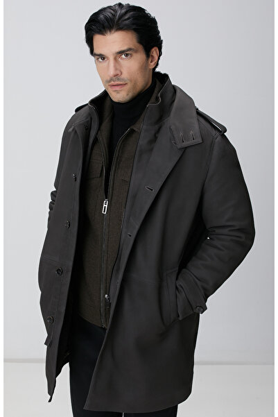 Network Kahverengi Yakası Kürklü Deri Kaban