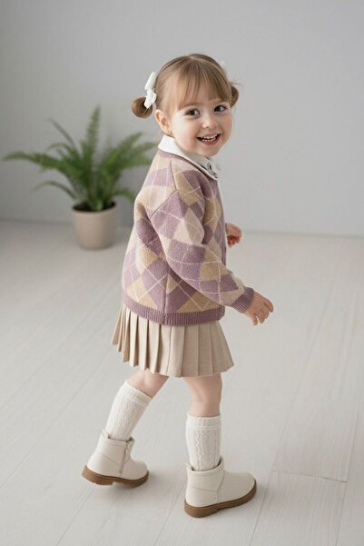 Minigimin Cicileri Rabbit Collar Detailed Knitwear Girls' 3-Piece Set - Purple
