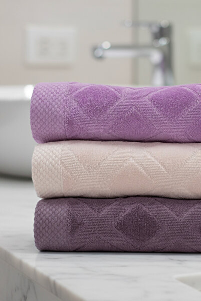 Class 3’lü 50x90 cm %100 Pamuklu Kadife El ve Yüz Havlu Seti - Karo Desenli Lila / Pudra / Mürdüm