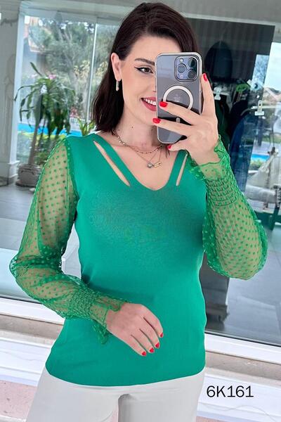 İnce Topuk V-Neck Tulle Detail Knitwear Blouse 6K161