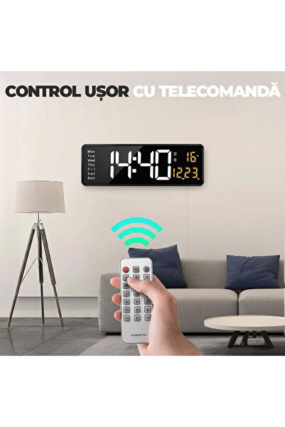 TnsAround TNS Digital Wall Clock — Large LED, Remote, Calendar, Temperature, Alarm, 40x13x3 cm, Black