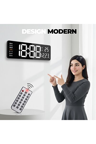 TnsAround TNS Digital Wall Clock — Large LED, Remote, Calendar, Temperature, Alarm, 40x13x3 cm, Black