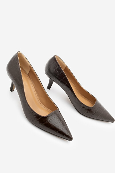 Marjin Women's Stiletto Croco Patterned Heeled Shoes Olfin Brown Croco