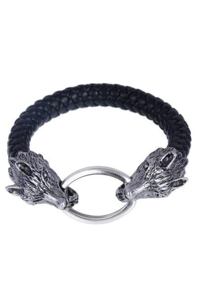 GENERAL Brățară vikingă cu piele împletită și talisman cu lupi nordici, 18-20 cm