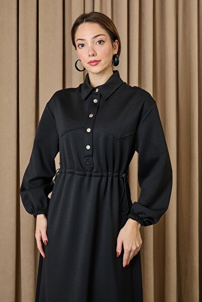 Puane Women's Waist Tunnel Snap Detailed Dress - 12655Elb - Black