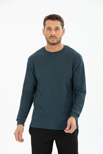 Store Men's 100% Cotton Crew Neck Knit/Waffle Textured Long Sleeve T-Shirt