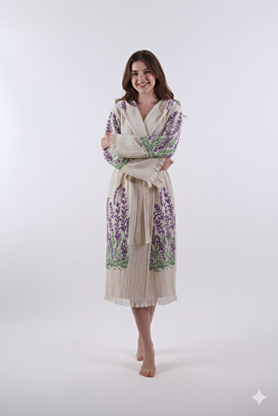 FACCİ روب استحمام من القطن الموسلين بنمط البيشتمال مع شراشيب، ثوب حمام من القطن الموسلين