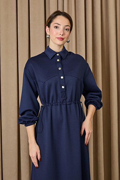 Puane Women's Dress with Tunnel Waist and Snap Detail - 12655Elb - Navy Blue