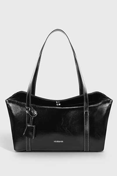 Housebags Rugan Siyah Kapaklı Bowling Omuz Çantası 270