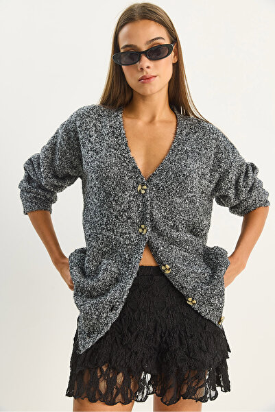 Bianco Lucci Kadın V Yaka Oversize Buklet Carmen Triko Hırka 2433 60283679