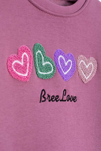 Cansın Mini Dusty Rose Heart Embroidered Crew Neck Girls' Fleece-Lined Sweatshirt 23254