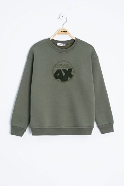 Cansın Mini Haki Yazı Nakışlı Bisiklet Yaka Erkek Çocuk Şardonlu Sweatshirt 23248