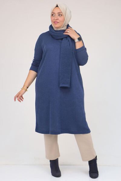 Eslina 58158 Plus Size Mir Tunic with Scarf Model - Indigo