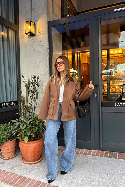 Sue Store Καφέ βελούδινο μπουφάν με φερμουάρ, oversize, καπιτονέ γαμπαρντίνα