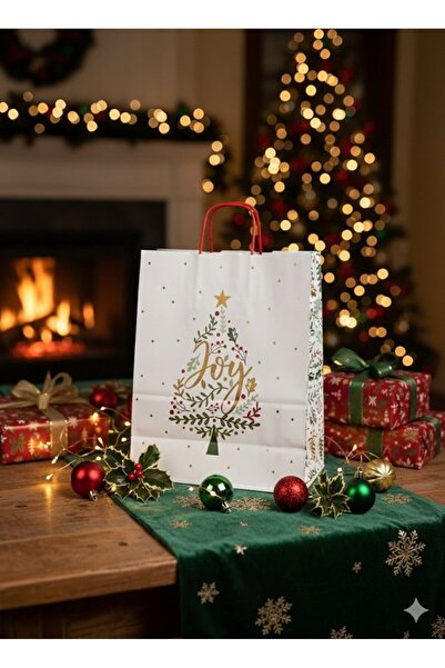 roco paper Yılbaşı Çam Desenli Kağıt Çanta, Yeniyıl Kırmızı Saplı Hediye Poşeti, 12x25x31 Cm - 25 Adet, Beyaz