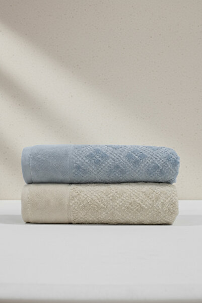 Class 2'li 50x100 cm %100 Pamuklu Kadife El ve Yüz Havlu Seti - Clerica Bej / Mavi