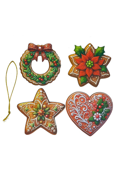 OEM Decoratiune Craciun, Set 4 globuri din lemn, 7 cm