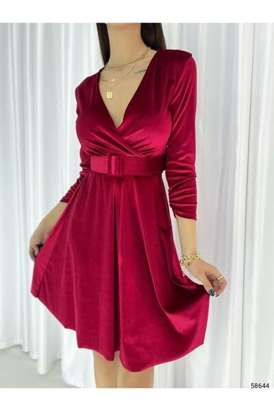 Modafeminen Leova Belt Detail Velvet Mini Dress 58644 Red