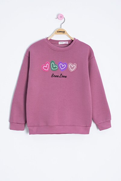 Cansın Mini Dusty Rose Heart Embroidered Crew Neck Girls' Fleece-Lined Sweatshirt 23254