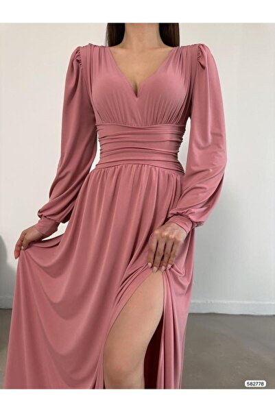 Modafeminen Esnek Kumaş Sandy V Yaka Ön Büzgü Yan Dekolte Detaylı Yırtmaçlı Elbise 582778 GÜL KURUSU