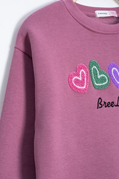 Cansın Mini Dusty Rose Heart Embroidered Crew Neck Girls' Fleece-Lined Sweatshirt 23254