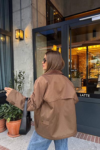 Sue Store Καφέ βελούδινο μπουφάν με φερμουάρ, oversize, καπιτονέ γαμπαρντίνα