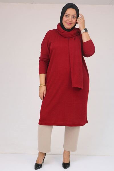 Eslina 58158 Plus Size Mir Tunic with Scarf Model - Burgundy
