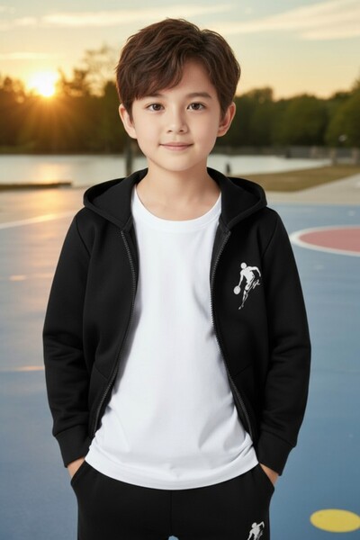 han elegant 2 részes cipzáras, kosárlabda mintás fiú alsó és felső tréningruha szett