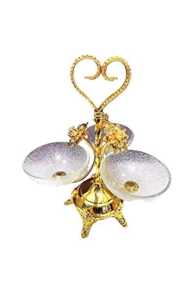 BLA BLA FOAM Suport elegant pentru fructe din sticlă cu 3 boluri, cu suport metalic auriu, flori decorative și inimă, 40×40 cm