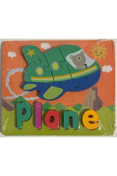 Educational Puzzle din lemn - Avion cu ursuleț de pluș + litere, AVION