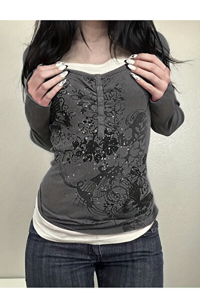 Köstebek Gothic Flower Buttoned Inner Smoked Blouse