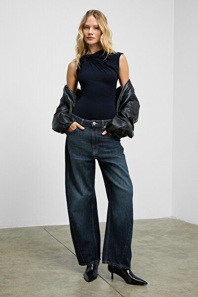 GRIMELANGE Orilenna Women's Front Knot Detailed Bodycon Zero Sleeve Slim Fit Navy Blue Blouse