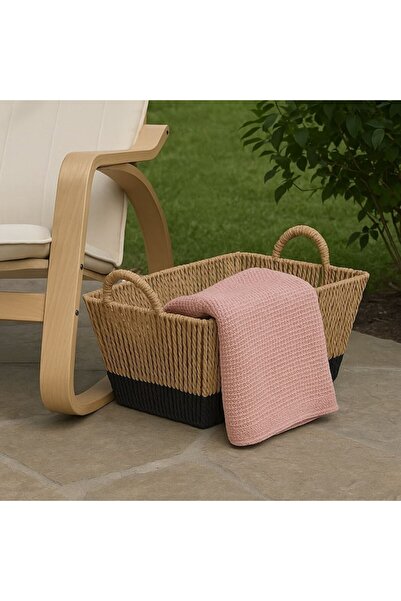 OEM Beige rope storage basket with black base & handles 35.5x24x20 cm