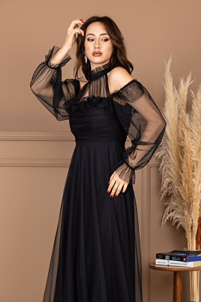 BEYBOS Tül Kumaş Volan Detaylı Tasarım Elbise - SİYAH