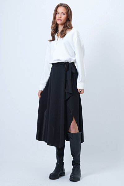 VAGGON Fusta neagră asimetrică croială pentru femei, cu textura auto-țesută, cu șireturi Vs01385