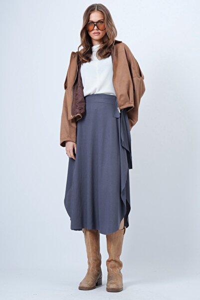 VAGGON Women's Anthracite Asymmetrical Cut Self-Textured Tie-Up Skirt Vs01385